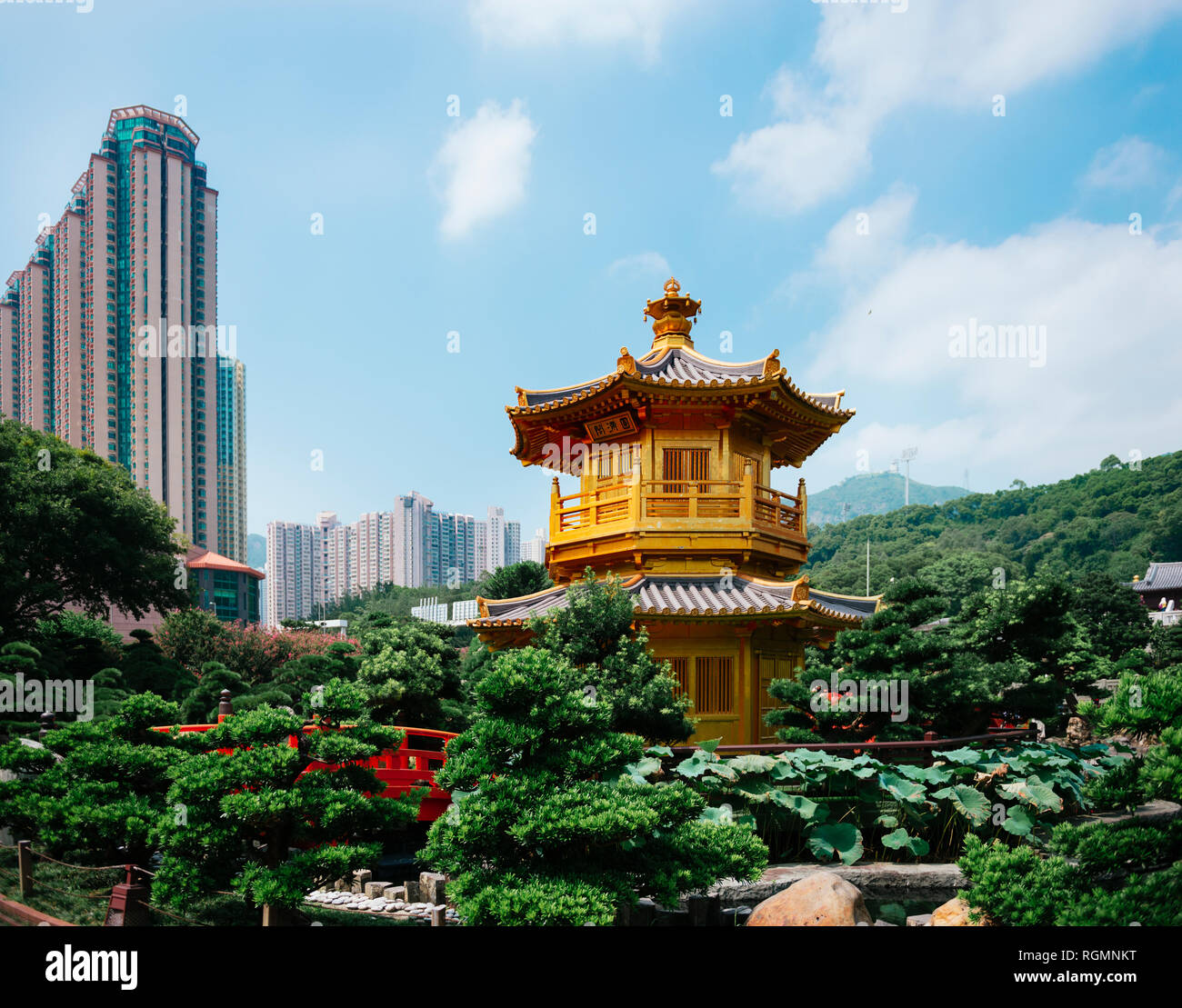 China, Hong Kong, Diamond Hill, Nan Lian Garden, Golden Pavilion of Absolute Perfection surrounded by skyscrapers Stock Photo