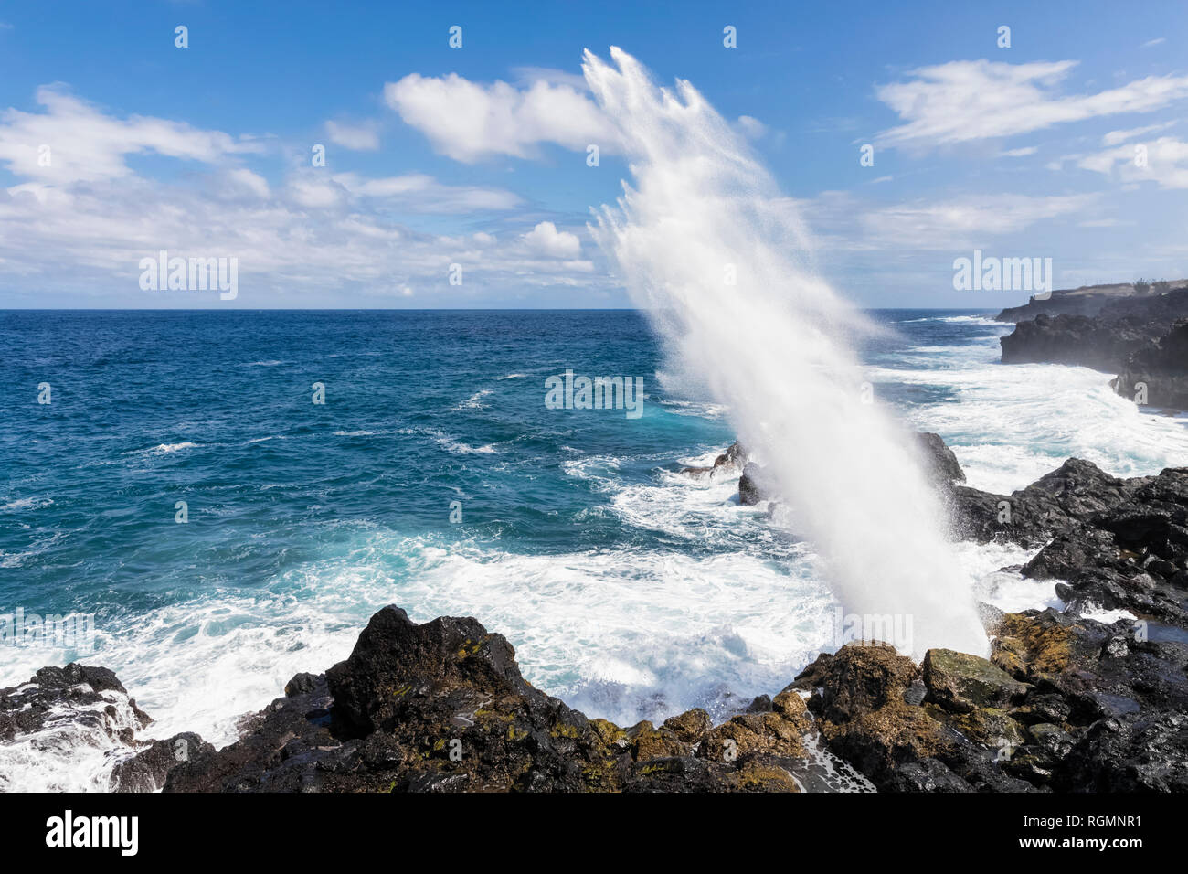 Reunion, West Coast, rocky coast at Souffleur, water fountain Stock Photo