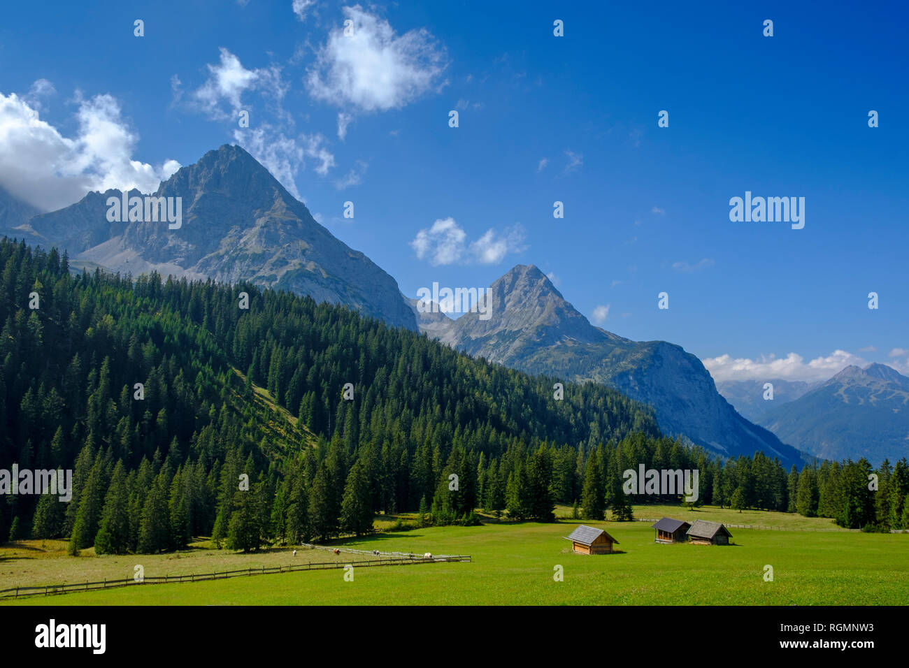 Austria, Tyrol, Wetterstein Mountains, Mieminger Kette, Ehrwald alp and Sonnenspitze Stock Photo