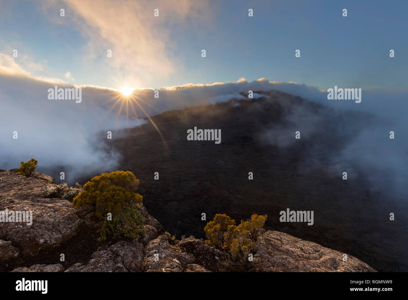 Reunion, Reunion National Park, Shield Volcano Piton de la Fournaise, View from Pas de Bellecombe, sunrise Stock Photo