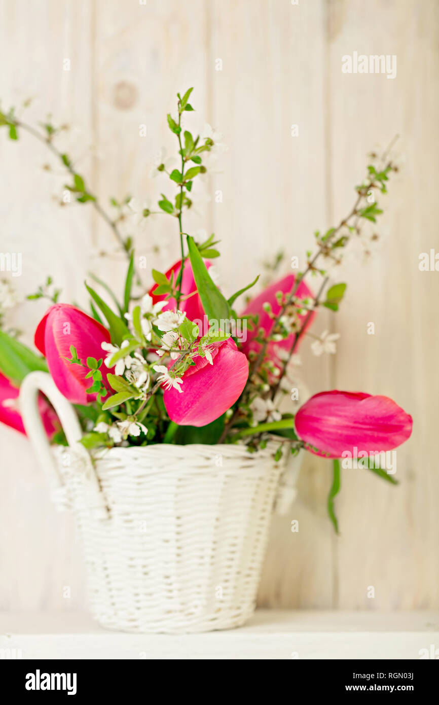 Spring bouquet of pink tulips with branches of a blossoming tree on a ...