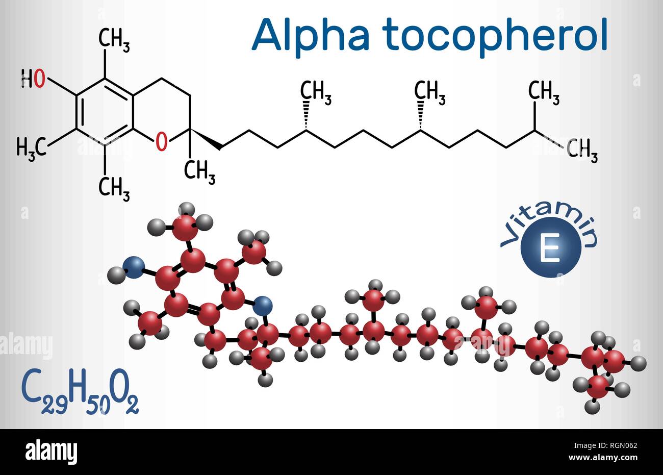 Alpha tocopherol ( vitamin E) molecule. Structural chemical formula and molecule model. Vector illustration Stock Vector