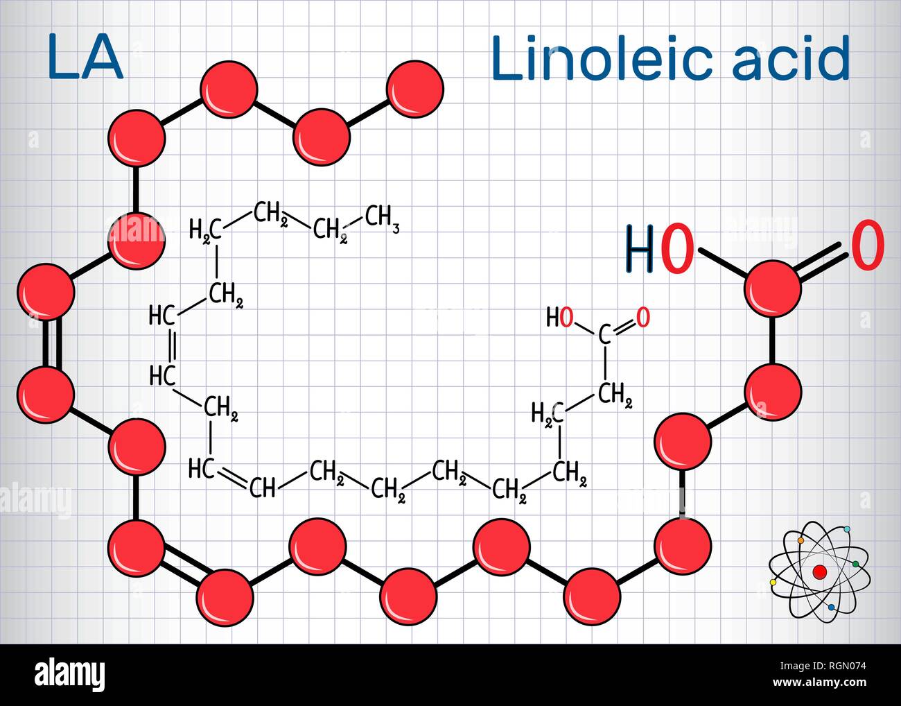 Linoleic acid (LA). Structural chemical formula and molecule model