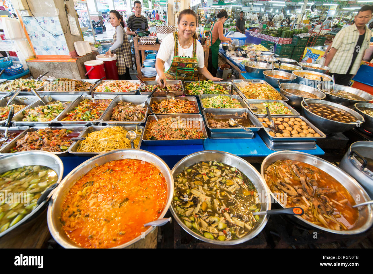 Curry and Thai Food at the Local morning Food Market in the city of Pattaya in the Provinz Chonburi in Thailand.  Thailand, Pattaya, November, 2018 Stock Photo