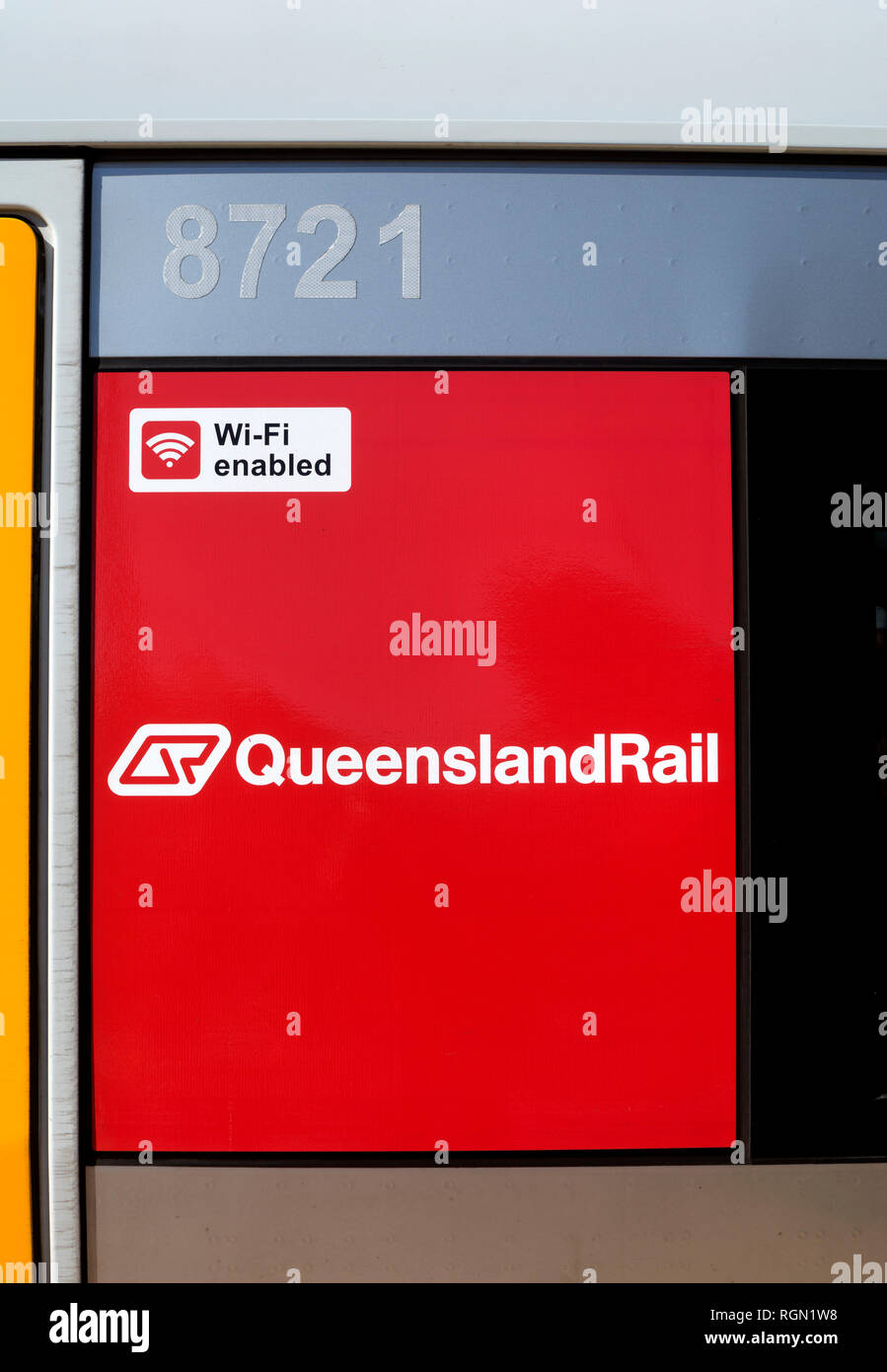 Wi-fi enabled sign on a Queensland Rail train, Australia Stock Photo