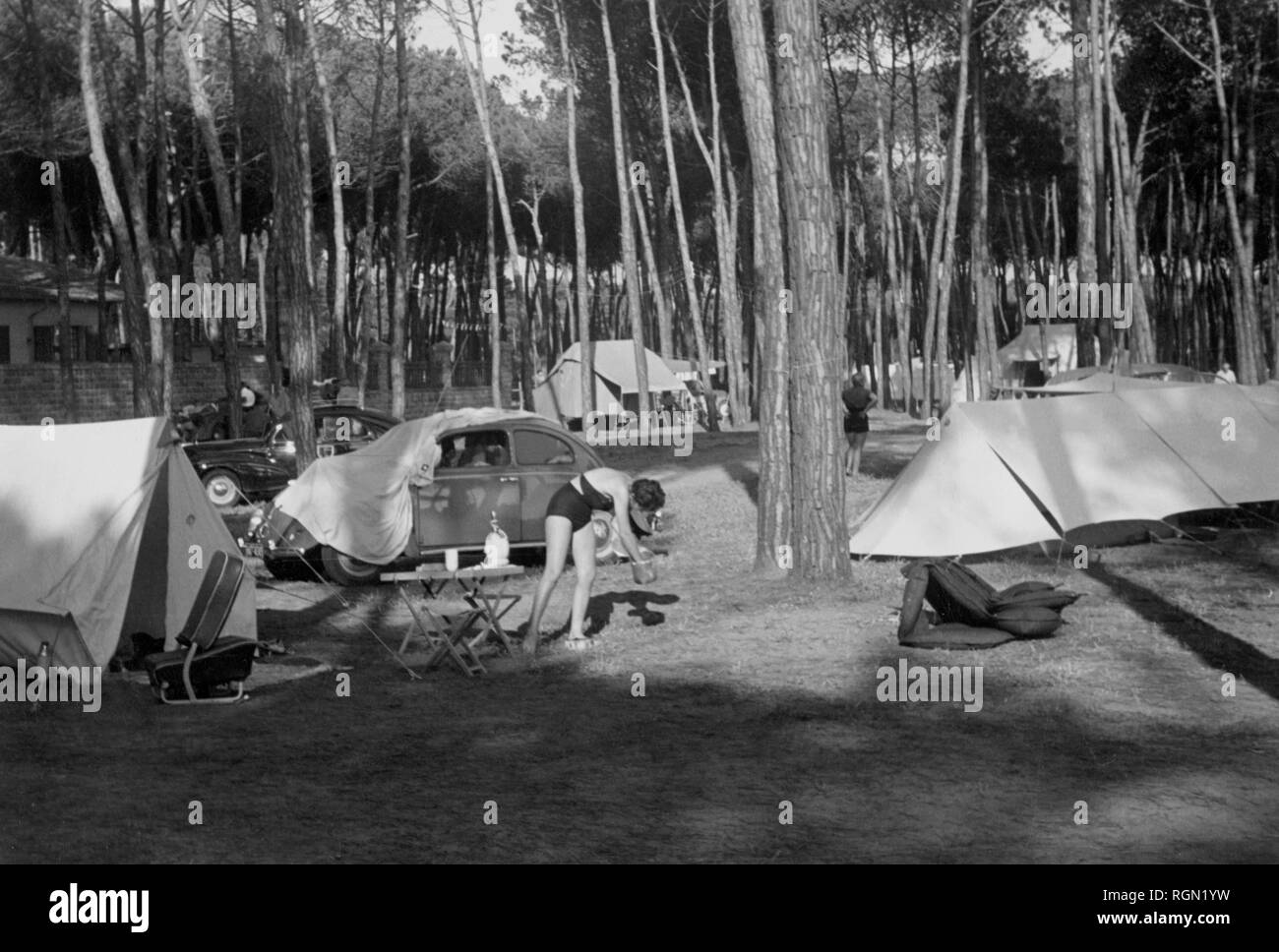 italy, tuscany, marina di massa, camping, 1952 Stock Photo