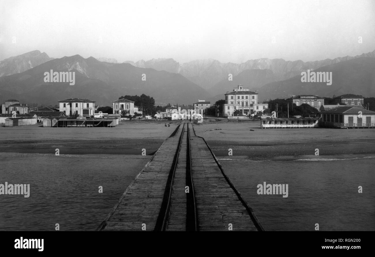 italy, tuscany, marina di massa, view of the city from the loading bridge, 1920-30 Stock Photo