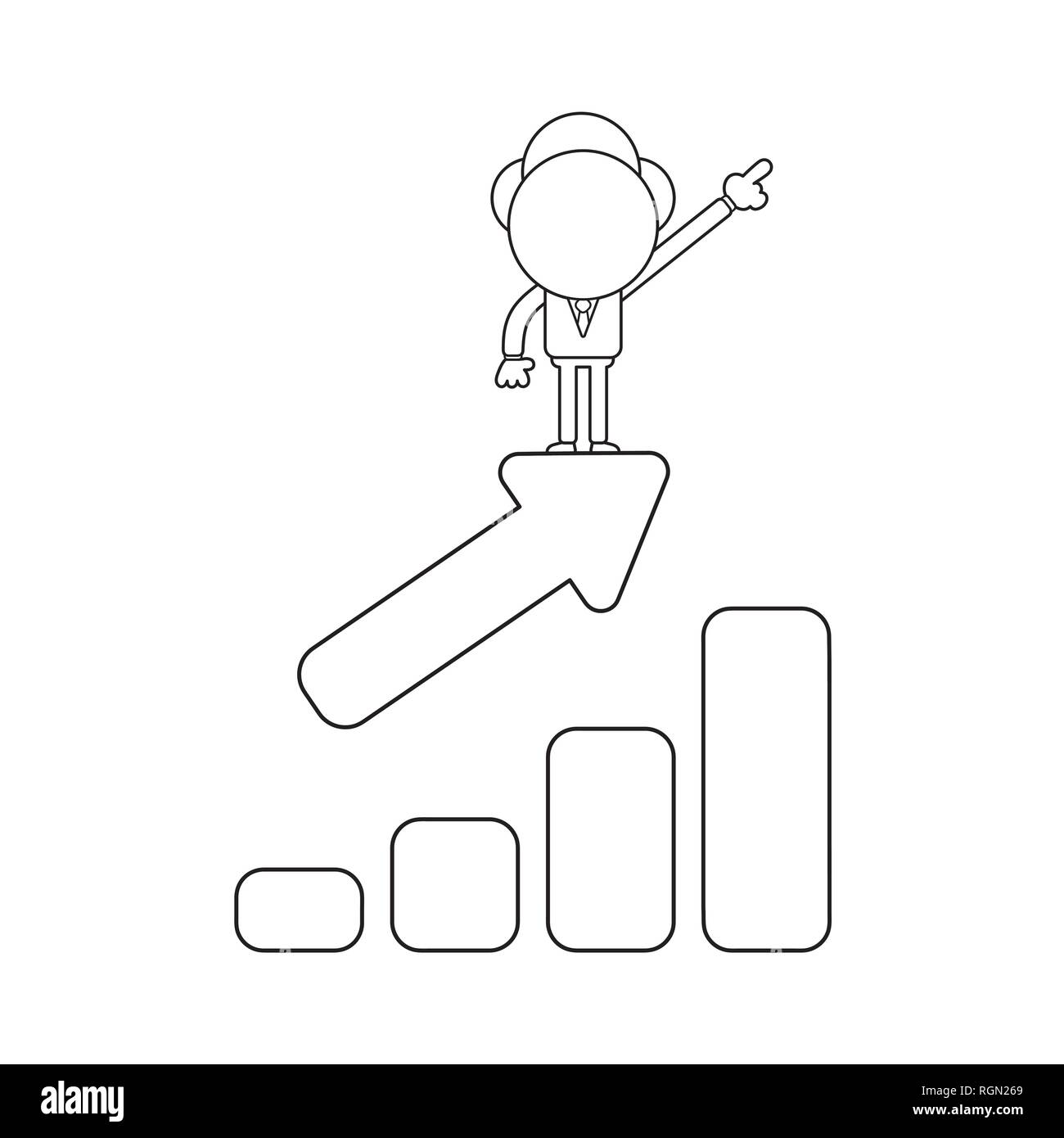 Vector illustration businessman character pointing up and standing on sales chart arrow moving up. Black outline. Stock Vector