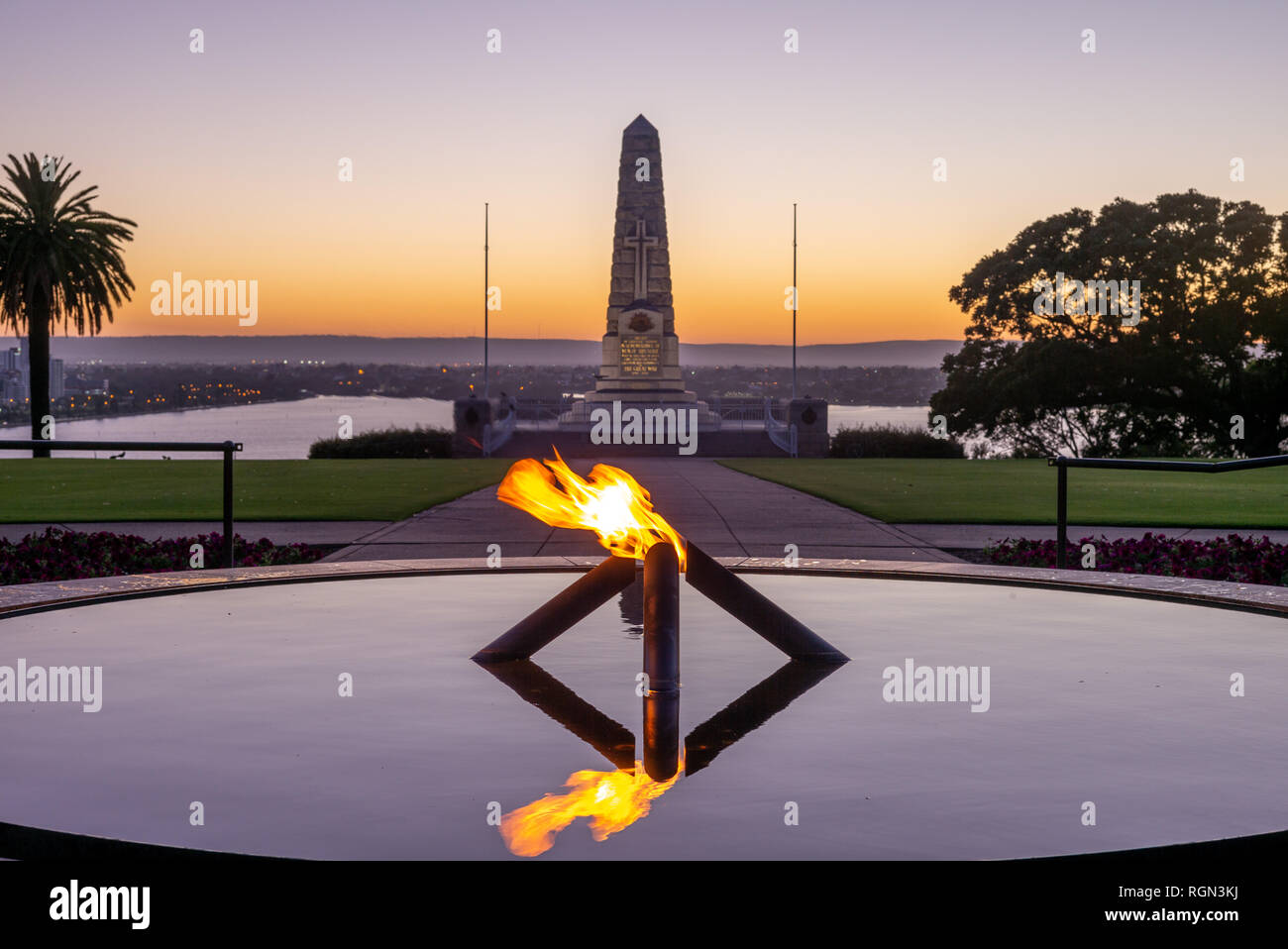 Eternal flame with State War Memorial in perth Stock Photo