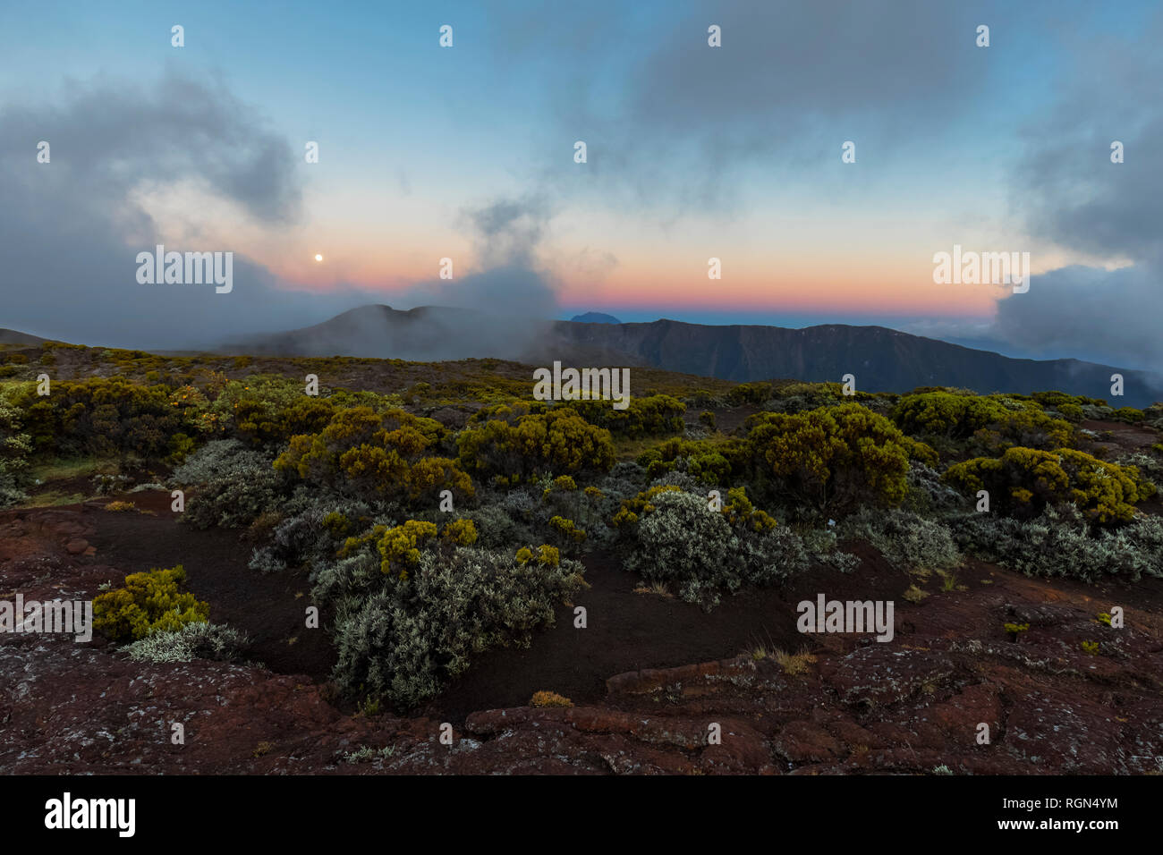 Reunion, Reunion National Park Piton de la Fournaise, full moon Stock