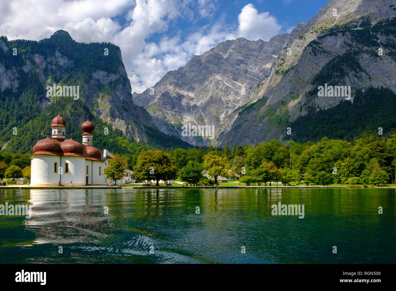 Germany, Bavaria, Upper Bavaria, Berchtesgaden National Park, Watzmann East Face, View of St. Bartholomae church at lake Koenigssee Stock Photo