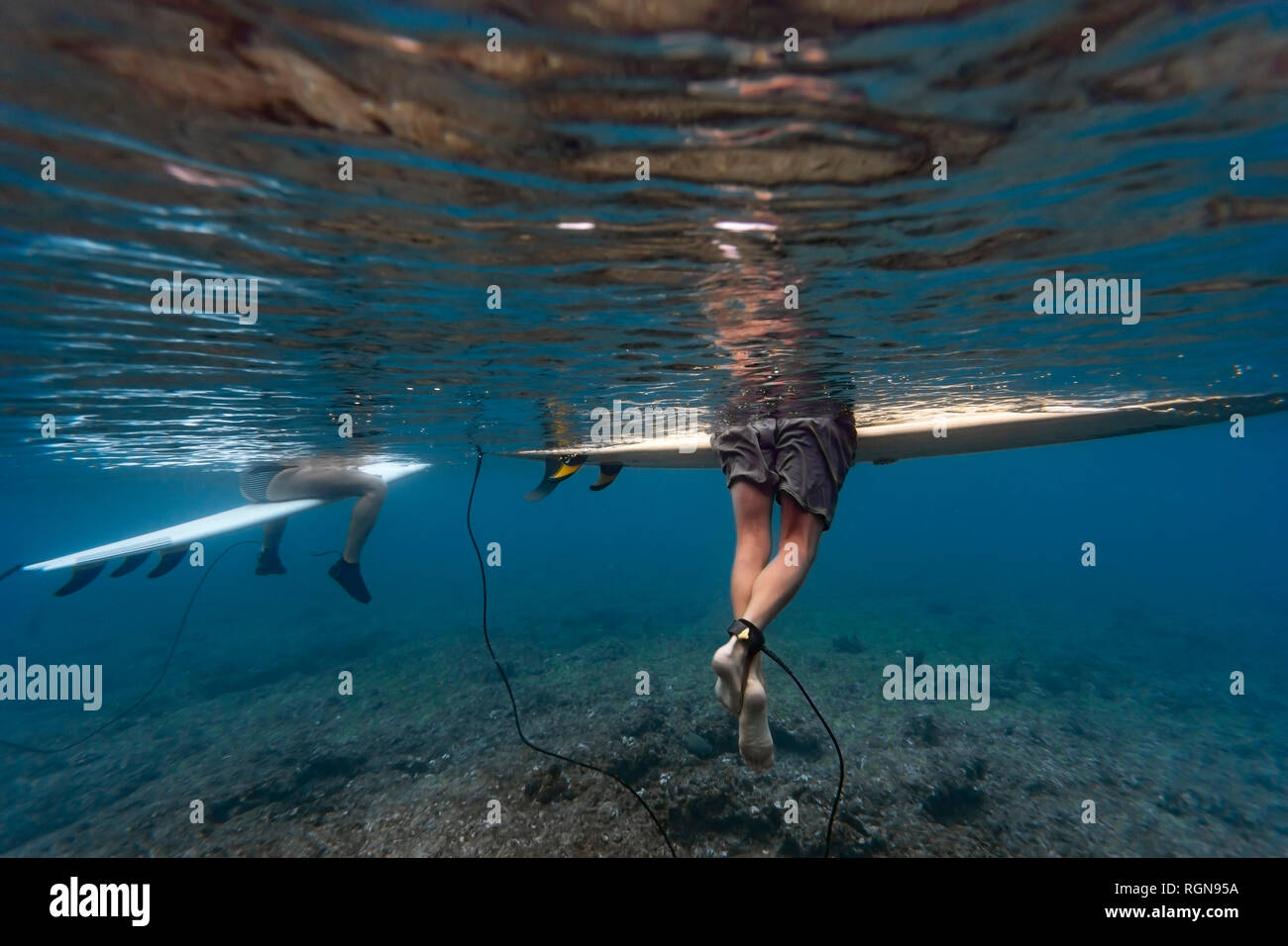 Under water surfers sitting surfboard hires stock photography and