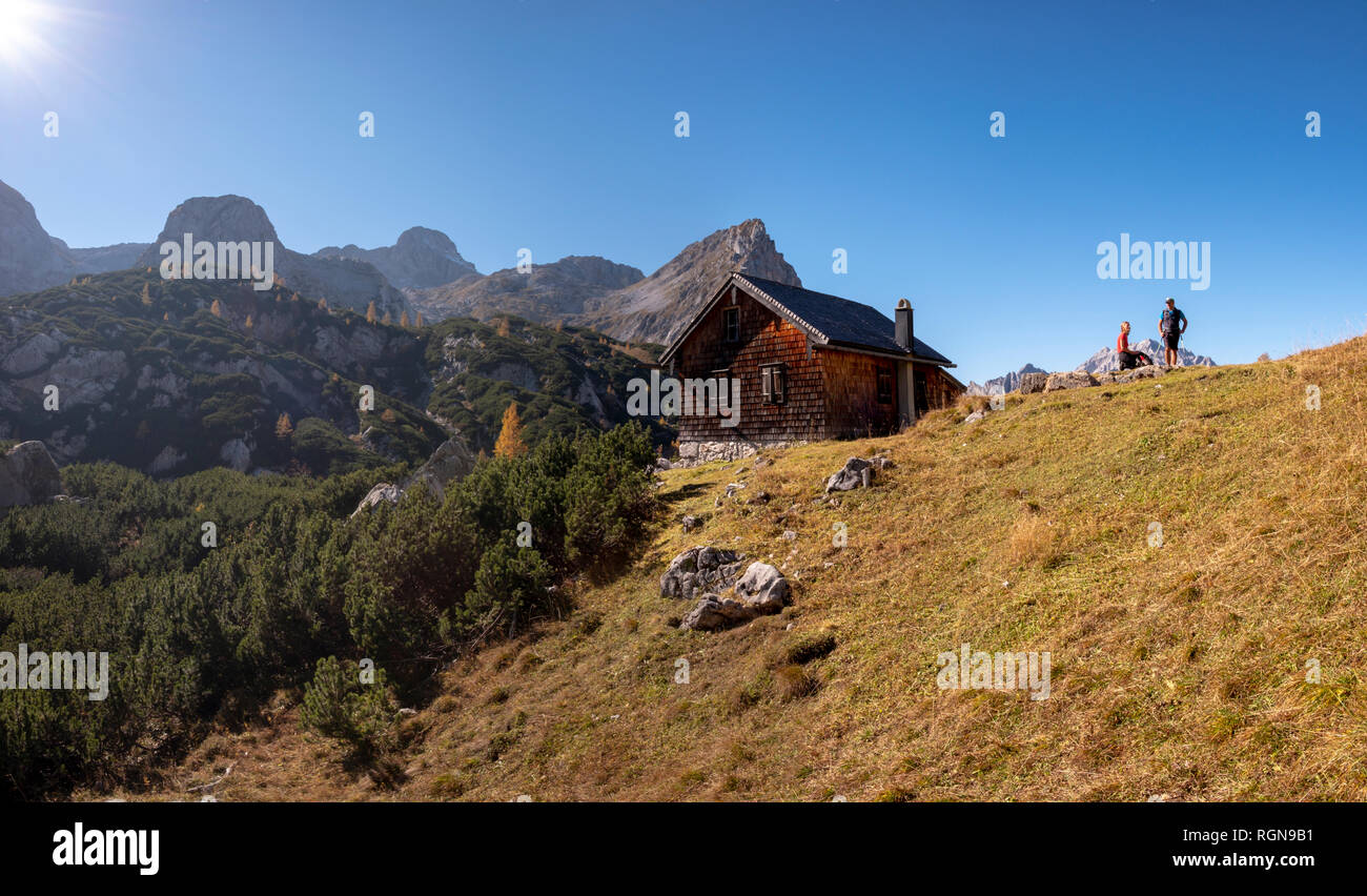 Germany, Bavaria, Upper Bavaria, Berchtesgadener Land, Berchtesgaden National Park, couple at mountain hut Stock Photo