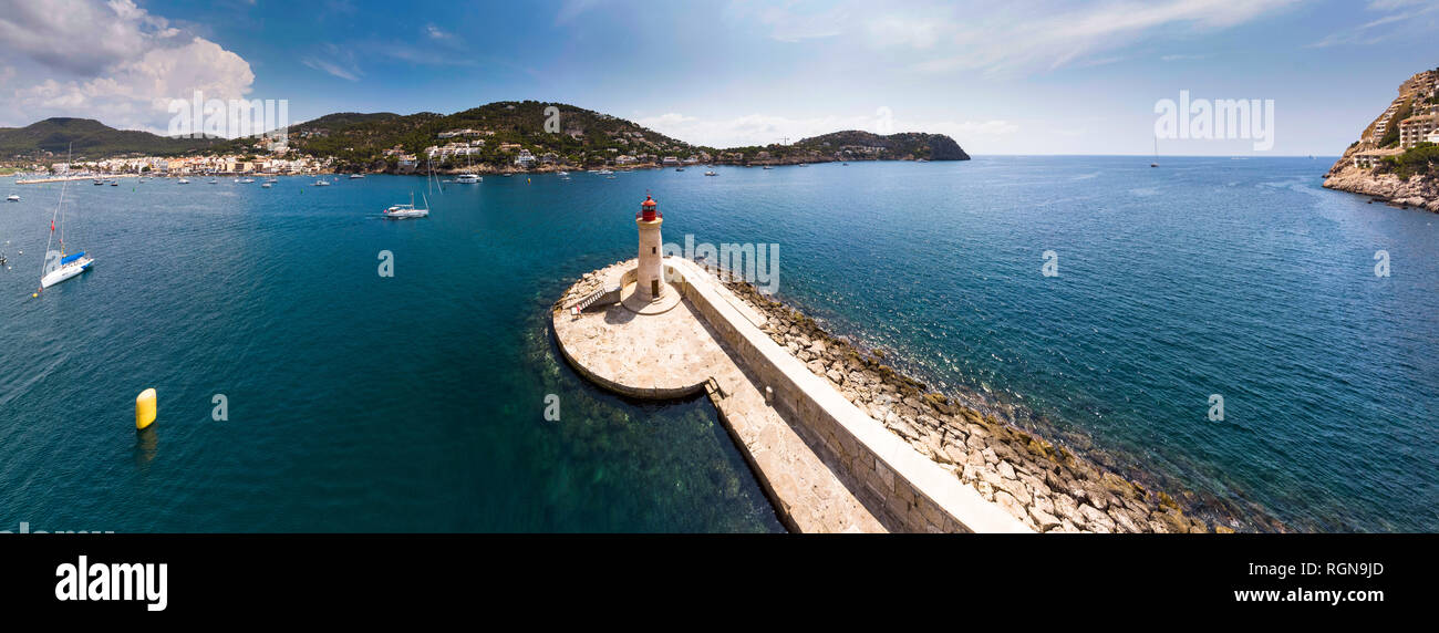 Spain, Balearic Islands, Mallorca, Andratx Region, Aerial view of Port d'Andratx, coast and natural harbour with lighthouse Stock Photo