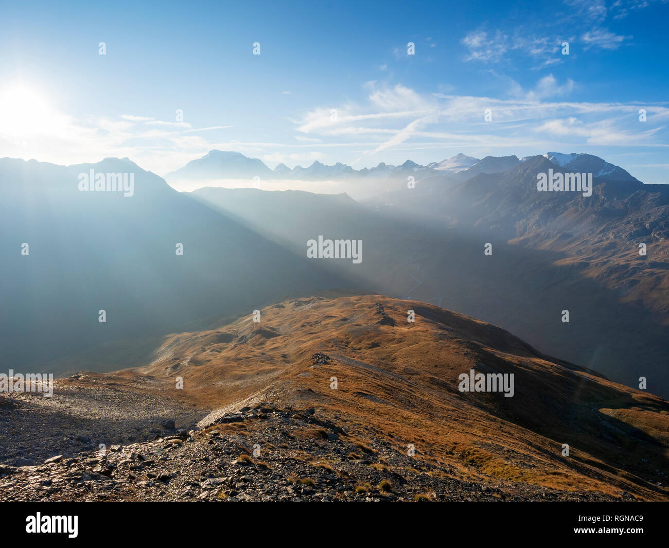 Border region Italy Switzerland, mountain landscape at Piz Umbrail with remains of the border from World War I Stock Photo