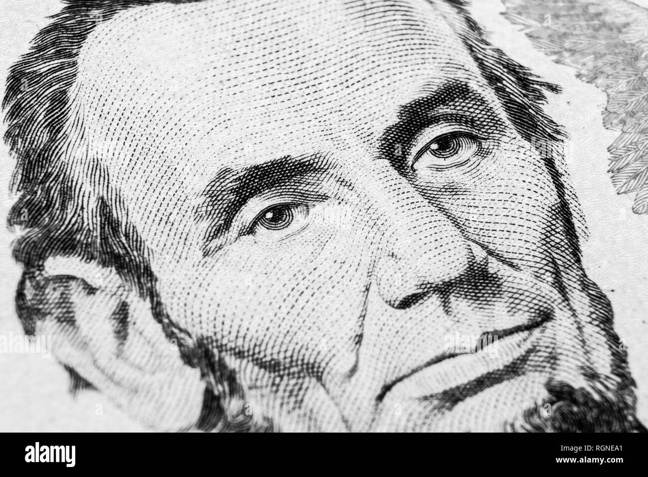 Close up view Portrait of Abraham Lincoln on the one five dollar bill. Background of the money. 5 dollar bill with Abraham Lincoln eyes macro shot. Mo Stock Photo