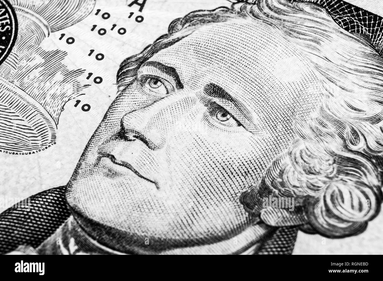 Close up view Portrait of Alexander Hamilton on the one ten dollar bill