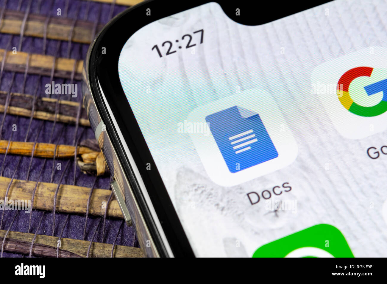Sankt-Petersburg, Russia, December 5, 2018: Google Docs icon on Apple iPhone X smartphone screen close-up. Google docs icon. Social network. Social me Stock Photo