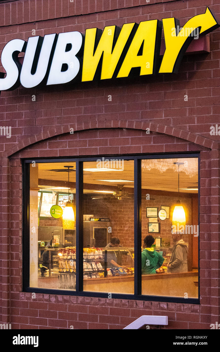 Subway fast food restaurant, known for its footlong submarine sandwiches, in Lilburn, Georgia. (USA) Stock Photo