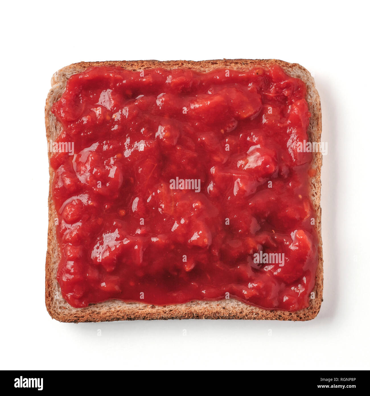 Bread slice with ketchup isolated on white, clipping path. Slice of