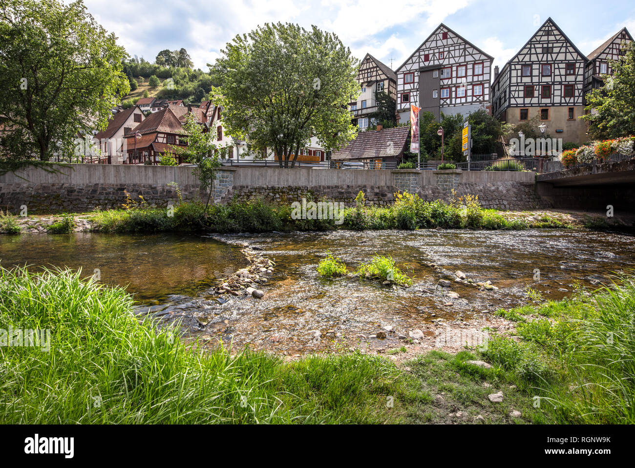 town Schiltach and its river, typical Black Forest, Germany, town seen from the river Kinzig Stock Photo
