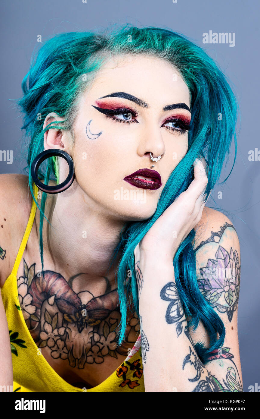 blue hair with tattoo