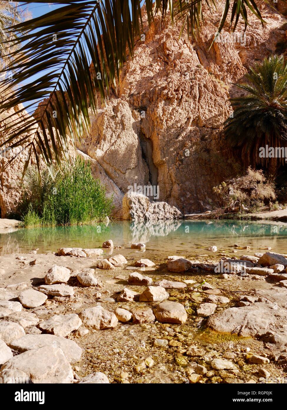 A beautiful, peaceful mountain oasis in the Sahara Desert, Tunisia Stock Photo
