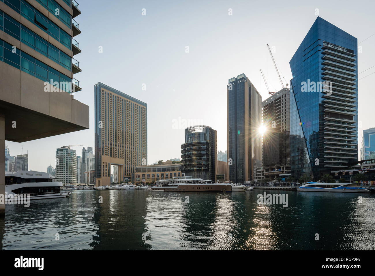 DUBAI, UAE - February 14, 2018: View of modern skyscrapers in morning light in Dubai Marina, UAE Stock Photo