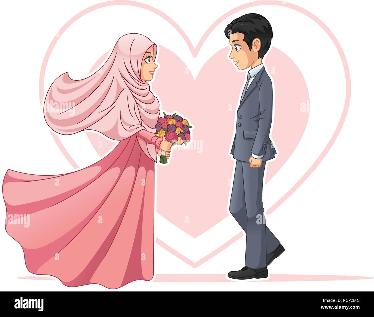 Muslim Bride And Groom Looking At Each Other Cartoon Character