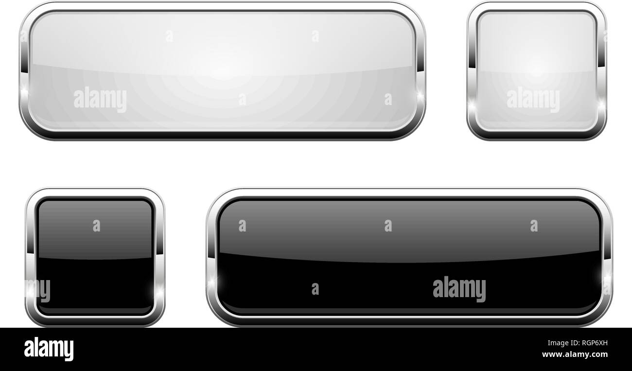 Black and white glass buttons. Shiny rectangle and square 3d web icons ...