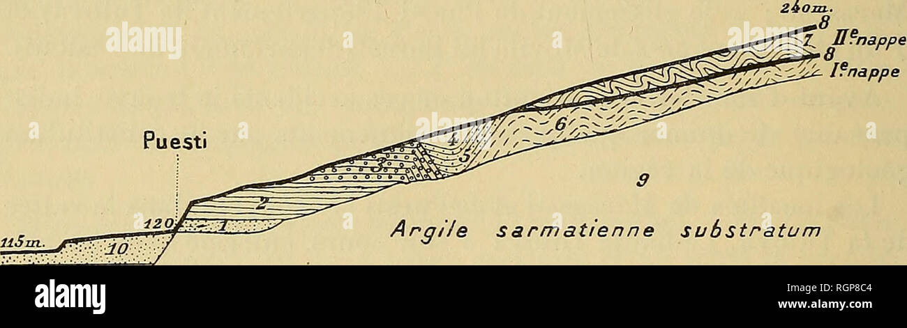 . Bulletin de la SociÃ©tÃ© gÃ©ologique de France. Geology. 848 R. SEVASTOS. 19 Dec. collines moins hautes Ã contours arrondis et pentes douces, oÃ¹ le grÃ¨s et le sable sarniatiens manquent, de sorte que les matÃ©riaux qui servent Ã l'empierrement de la route, les mÃªmes grÃ¨s friables, sont apportÃ©s des collines qui ne bordent plus immÃ©diatement la vallÃ©e (Popesti, Lalesti, Rotari), Le loess prend un grand dÃ©ve- loppement, Eboulement de Marasesti. â Ce hameau est situÃ© dans la vallÃ©e de la Tutova sur un coteau sarmatien couvert d'Ã©boulis oÃ¹ le grÃ¨s sarmatien manque. En 1897, pendant  Stock Photo