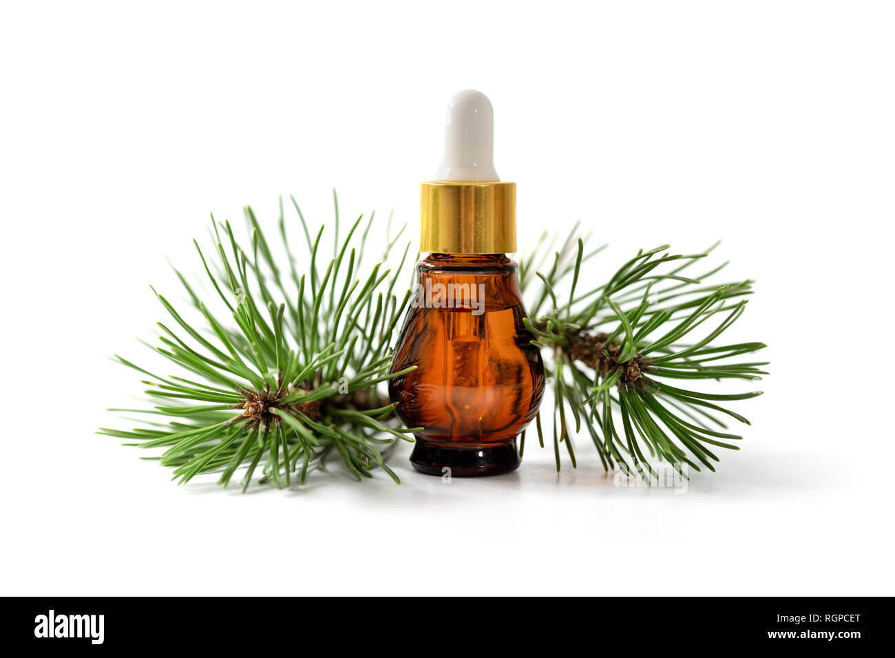 pine essential oil bottle isolated on white background Stock Photo