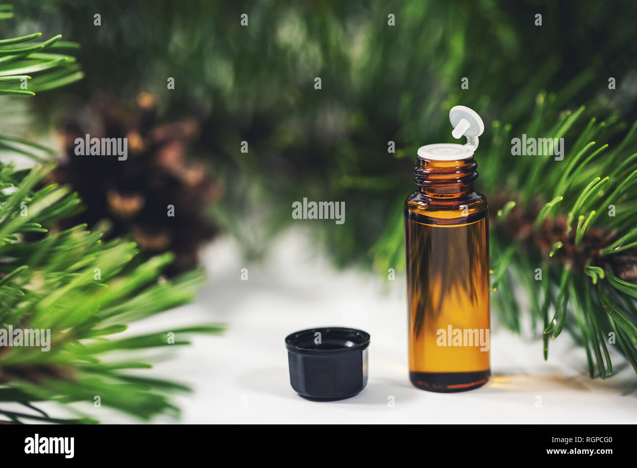 small bottle of essential pine tree oil Stock Photo