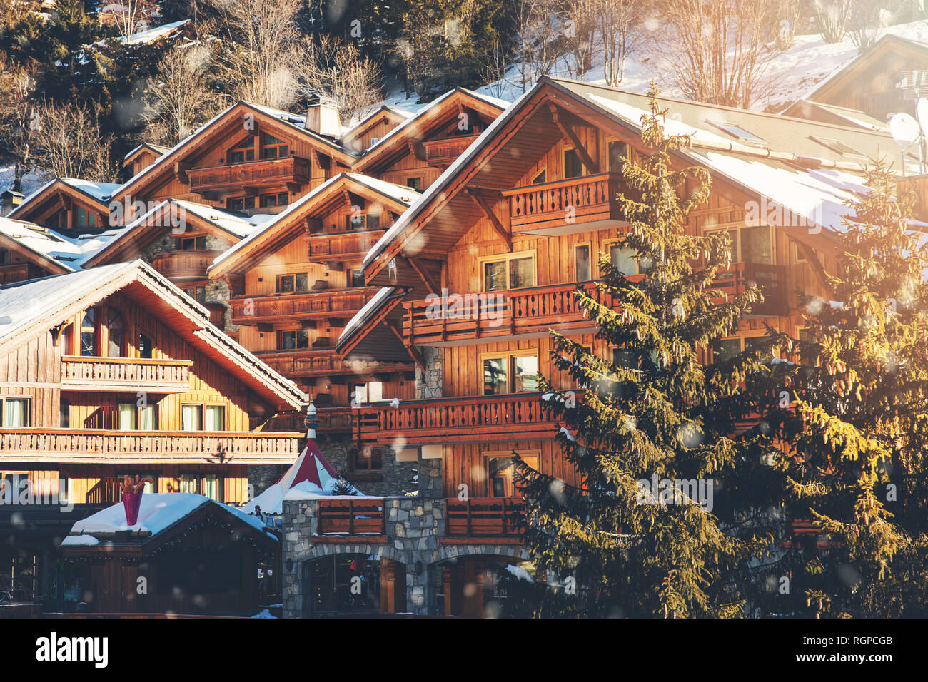 chalets at Meribel ski resort in Alps, France Stock Photo
