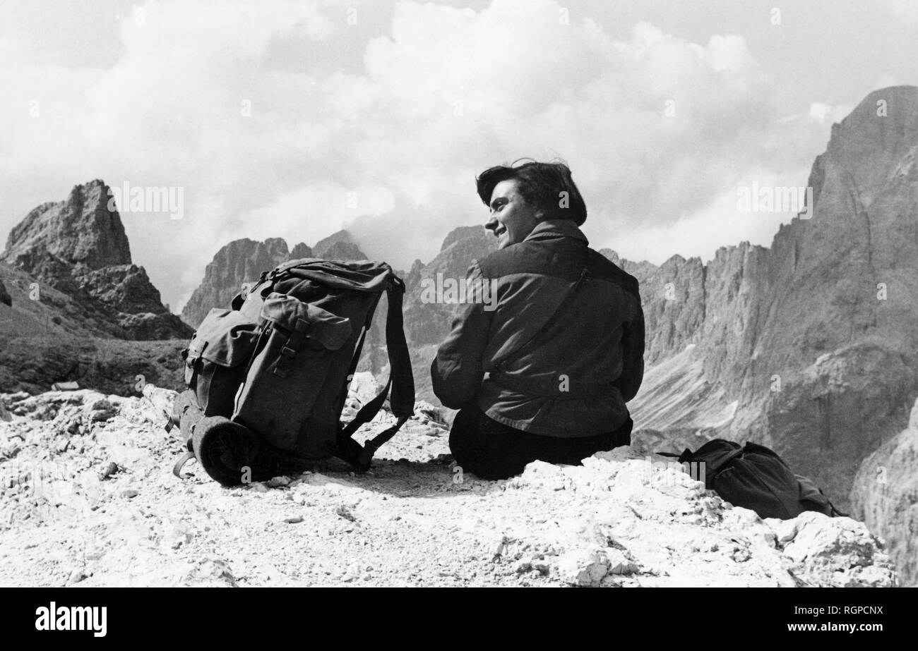 dolomites, passo principe, excursionist, 1953 Stock Photo
