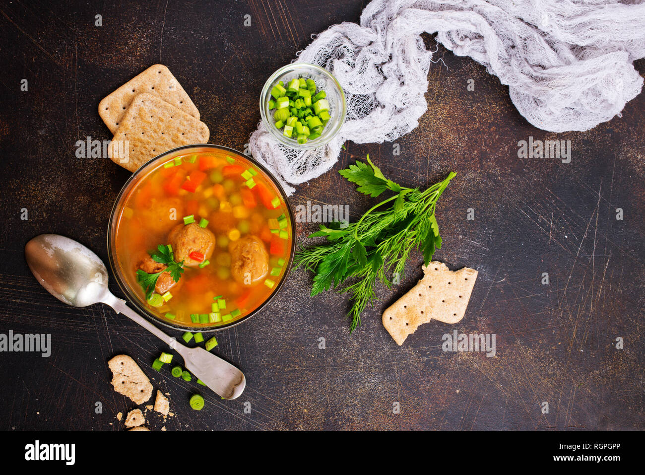 fresh soup with vegetables and meat balls Stock Photo