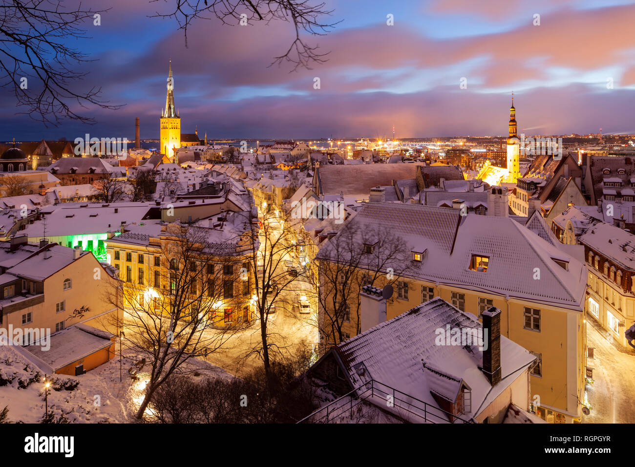 Winter dawn in the old town of Tallinn, Estonia. Stock Photo