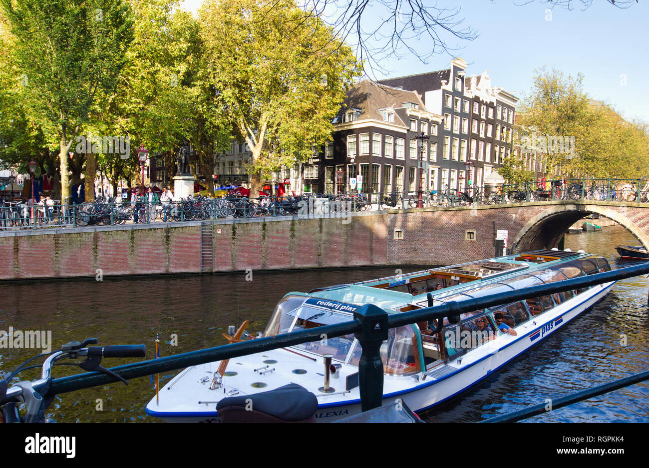 Canal sightseeing boat trip, Amsterdam, Netherlands, Europe Stock Photo