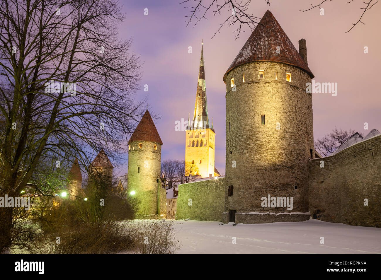 Winter evening at Tallinn city walls. Stock Photo