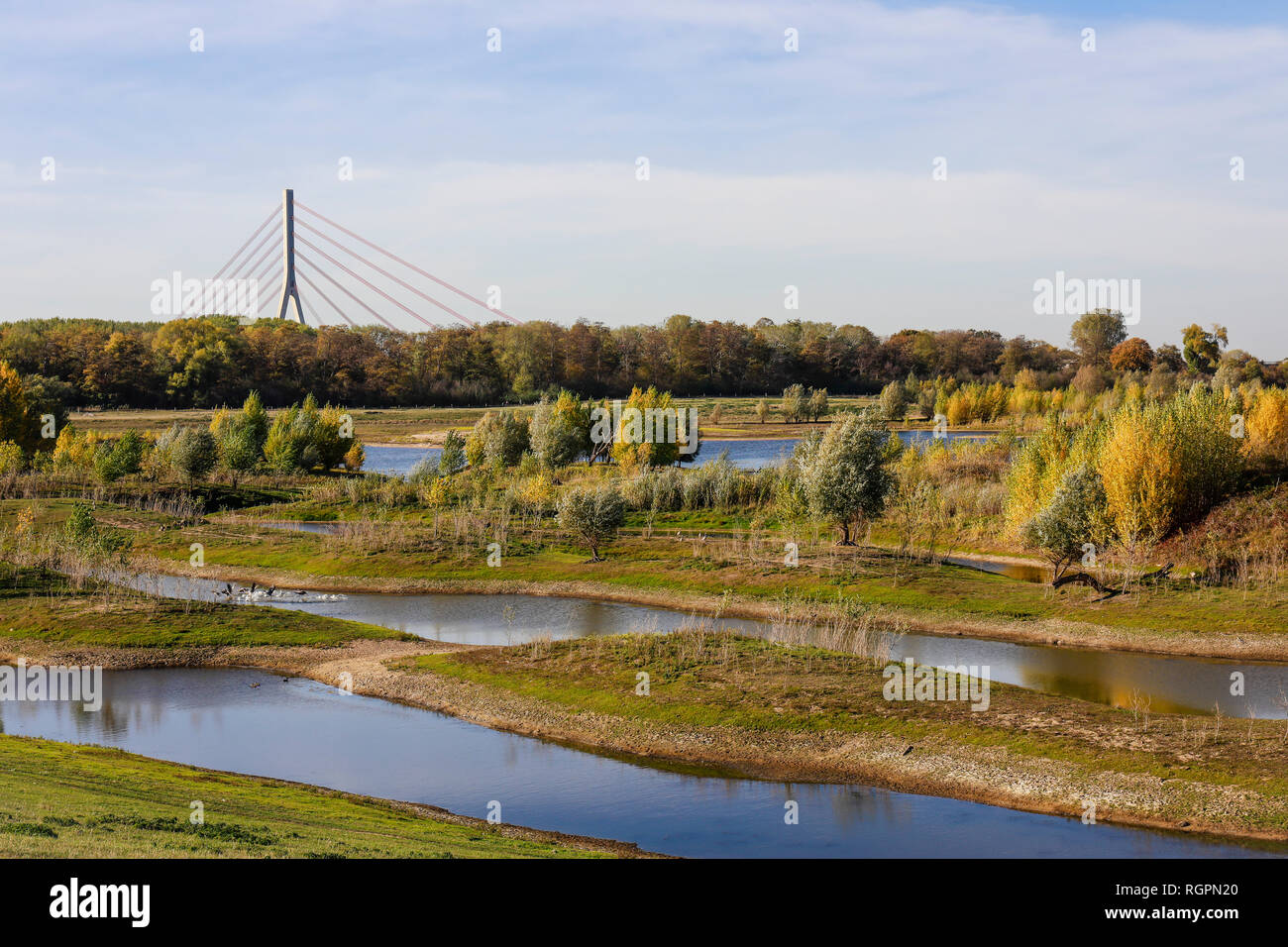Wesel, North Rhine-Westphalia, Lower Rhine, Germany, Lippe, view downstream to the renaturalized floodplain area above the mouth of the river Lippe in Stock Photo