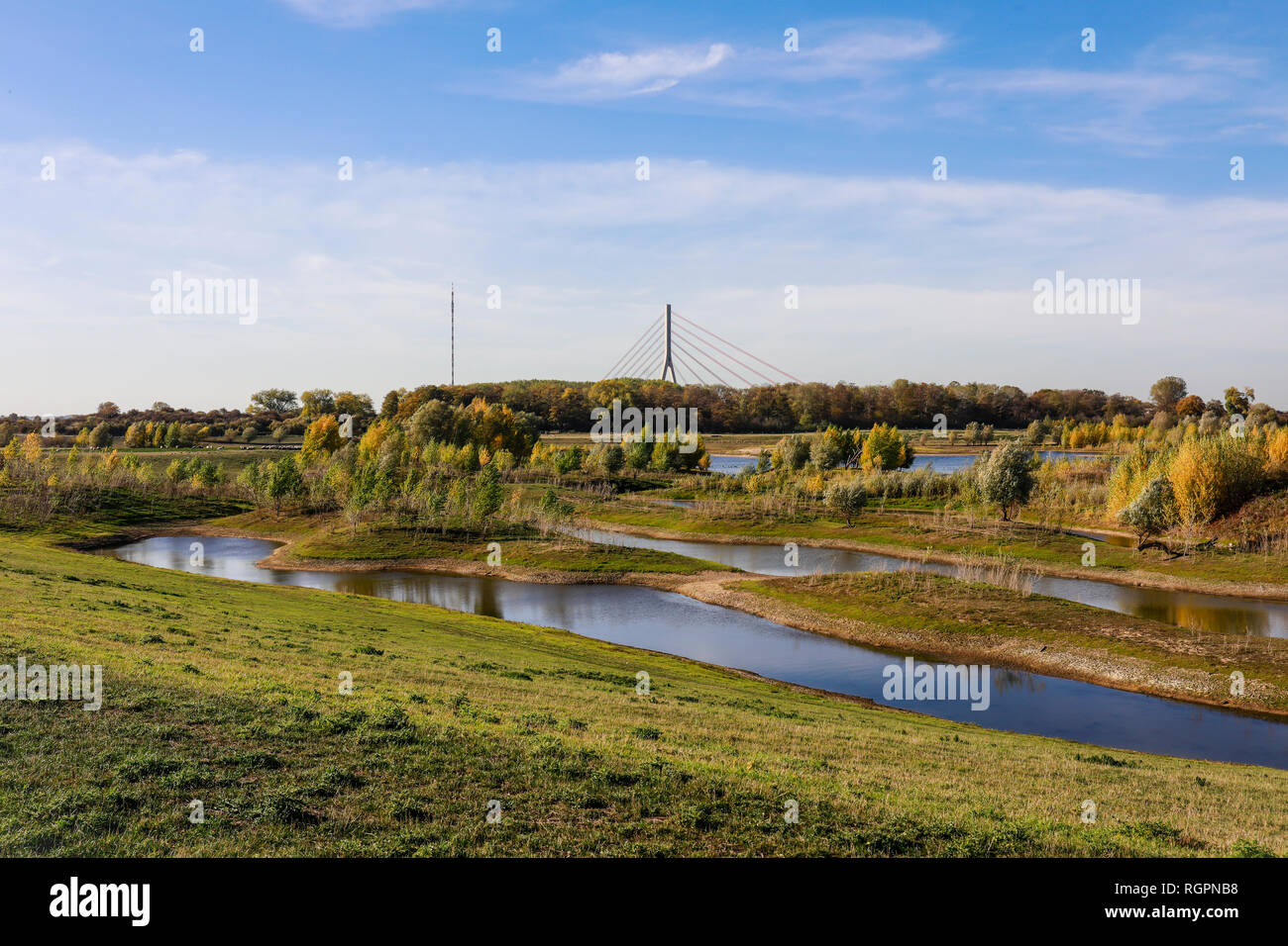 Wesel, North Rhine-Westphalia, Lower Rhine, Germany, Lippe, view downstream to the renaturalized floodplain area above the mouth of the river Lippe in Stock Photo