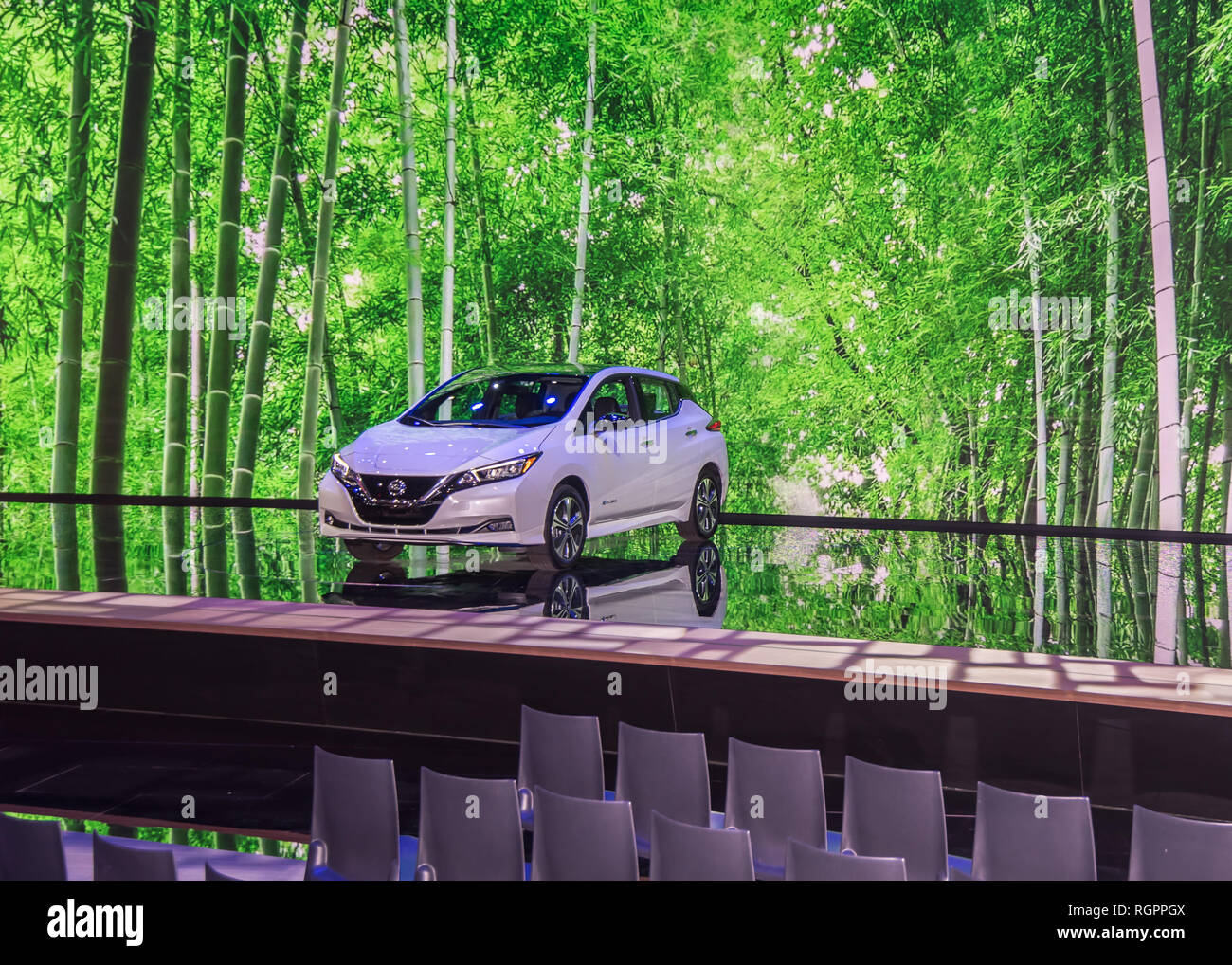 DETROIT, MI/USA - JANUARY 14, 2019: A 2019 Nissan Leaf EV car at the North American International Auto Show (NAIAS). Stock Photo
