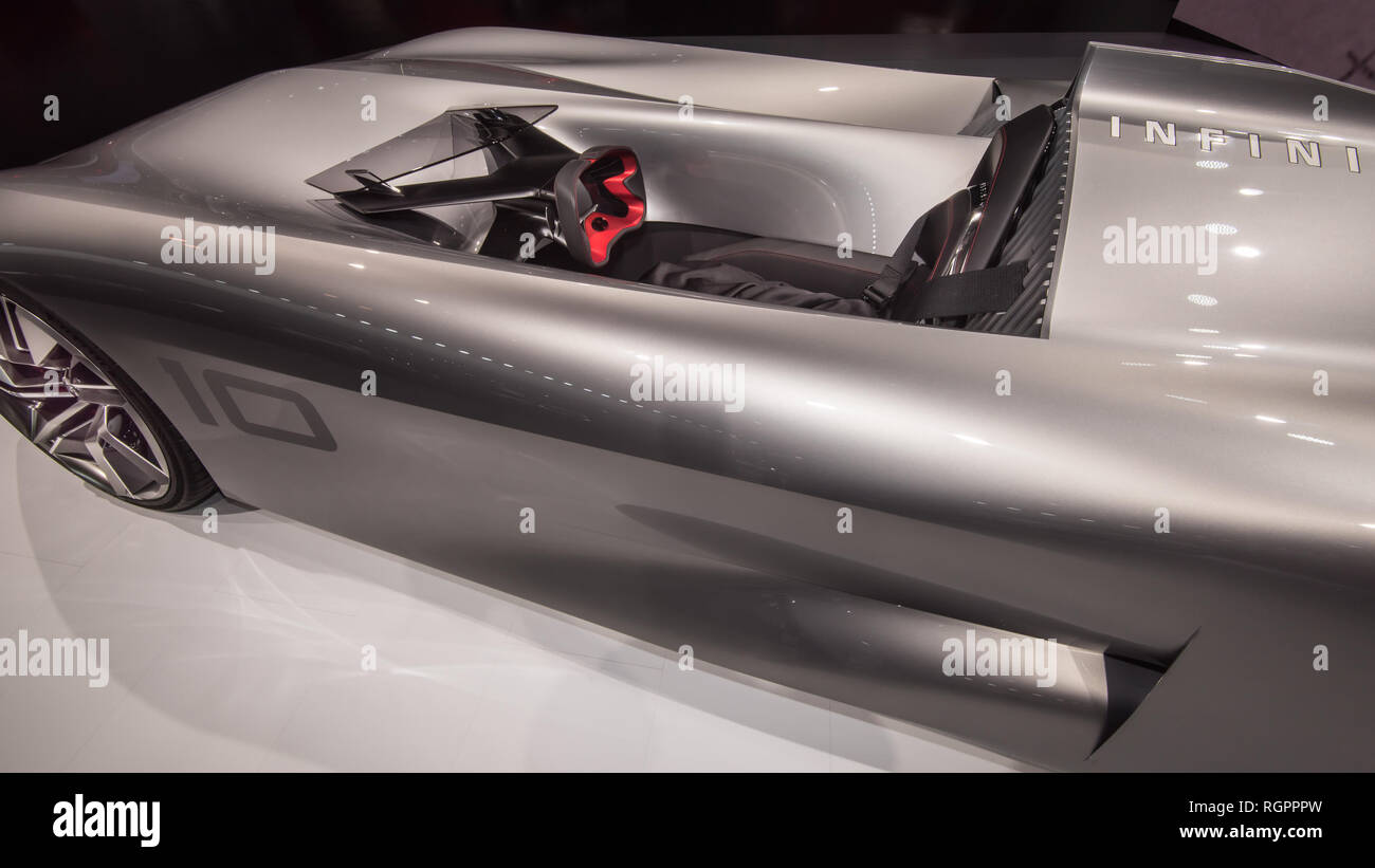 DETROIT, MI/USA - JANUARY 15, 2019: Infiniti Prototype 10 single-seat electric concept car, at the North American International Auto Show (NAIAS. Stock Photo