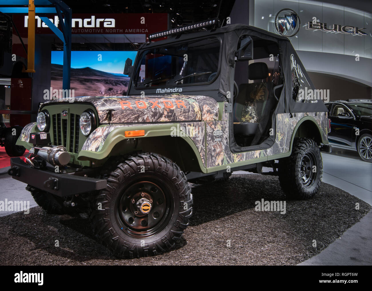DETROIT, MI/USA - JANUARY 14, 2019: Mahindra Roxor ORV, based on a Willys Jeep, at the North American International Auto Show (NAIAS). Stock Photo