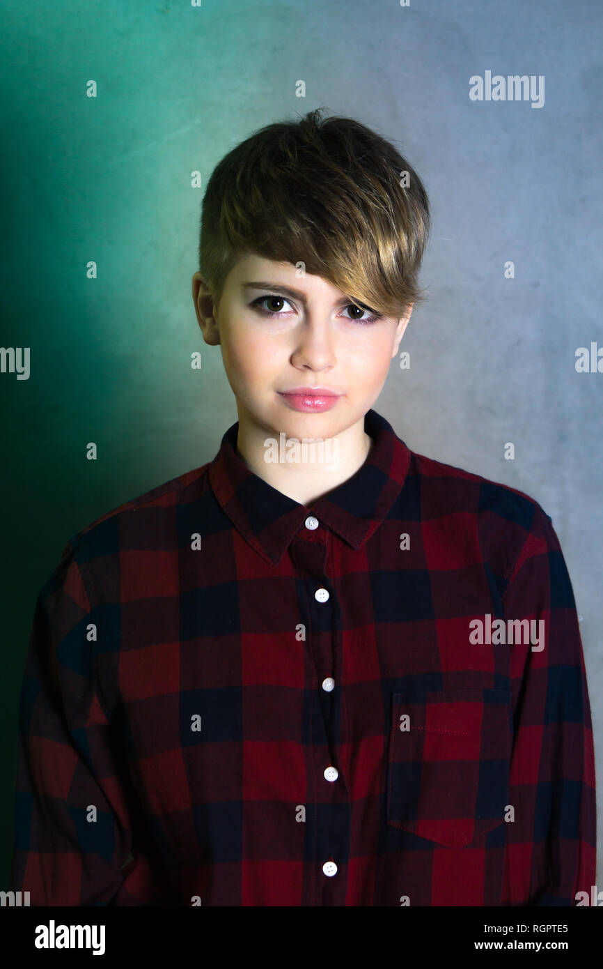 Teenager Girl With Short Haircut Concrete Wall On Background Stock