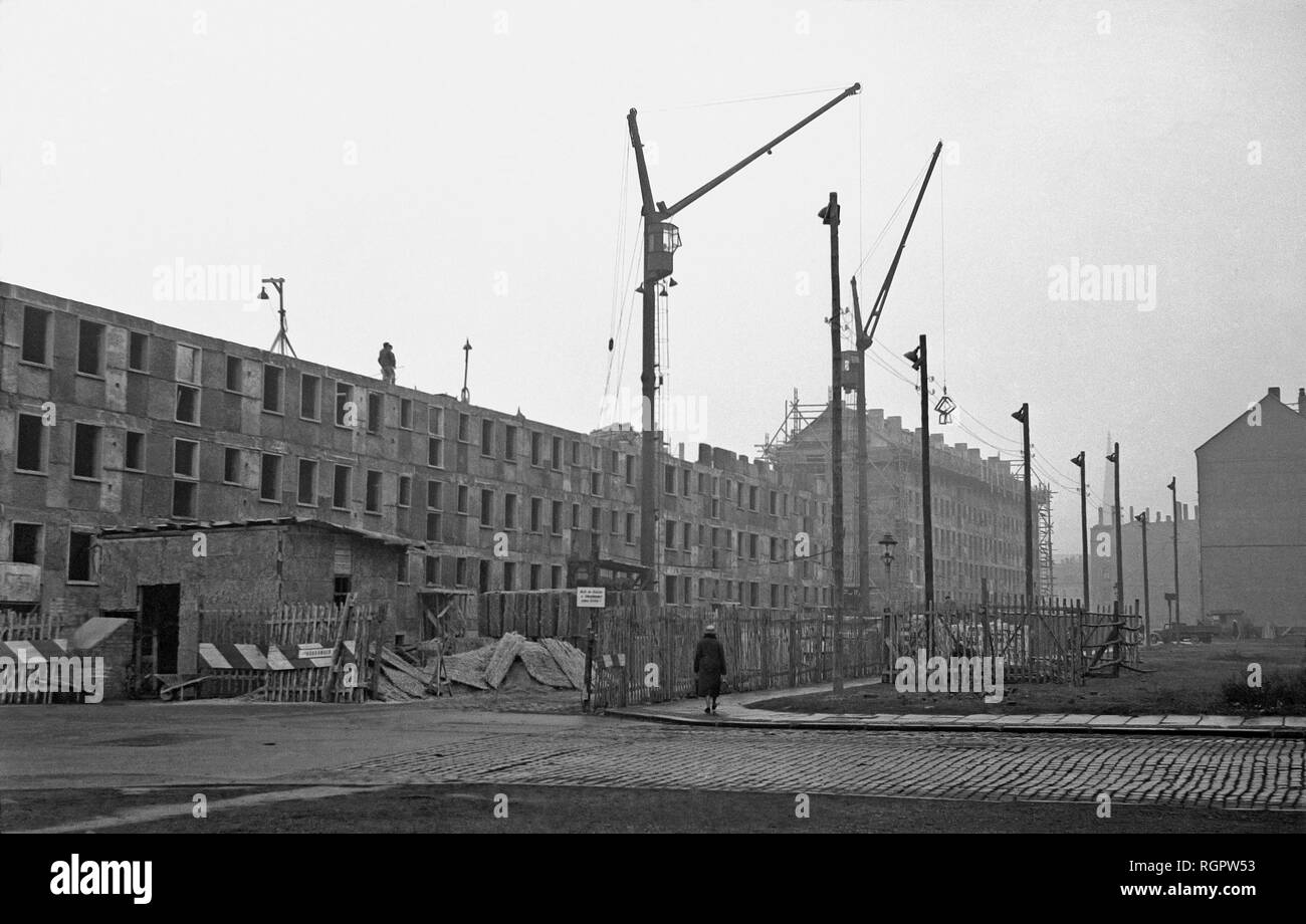 Construction site large block buildings, 1958, ArthurHoffmannStraße, Leipzig, Saxony, GDR