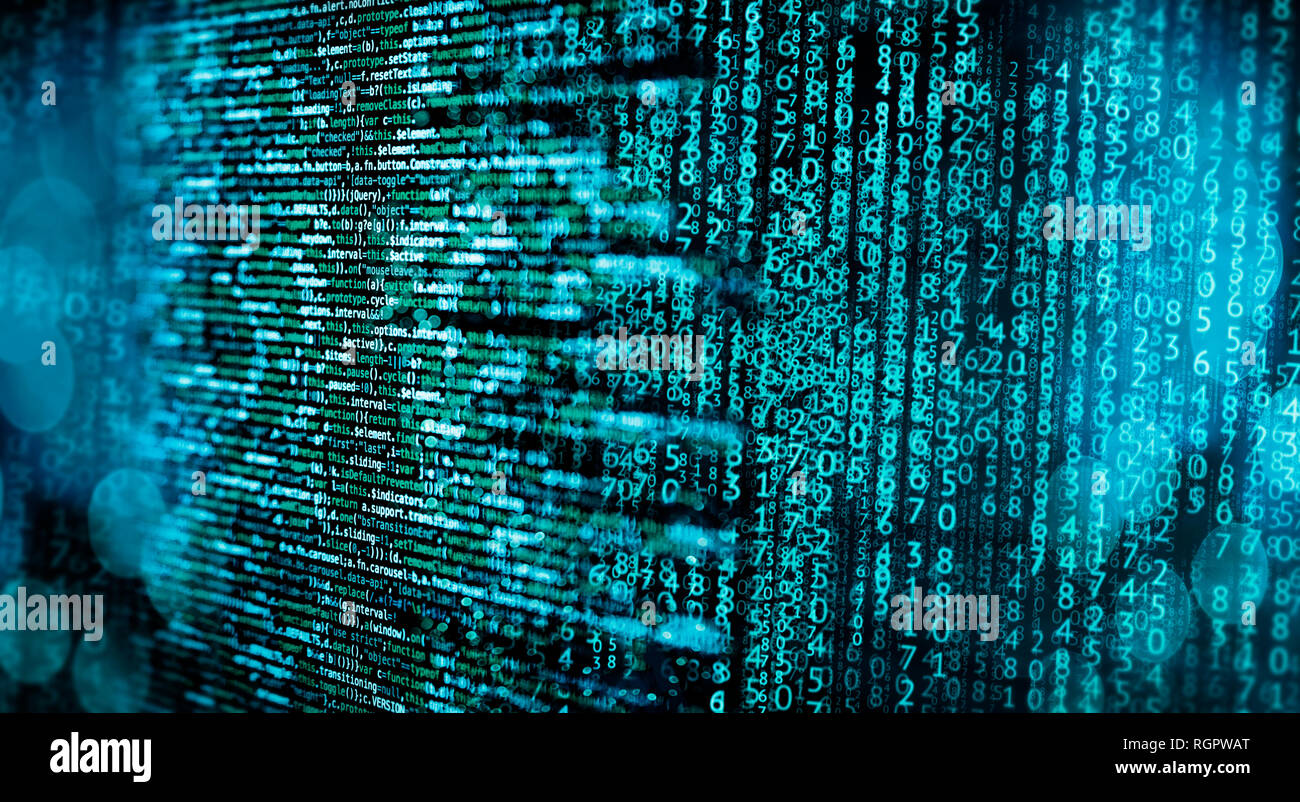 Programming code with matrix and abstract technical background in blue ...