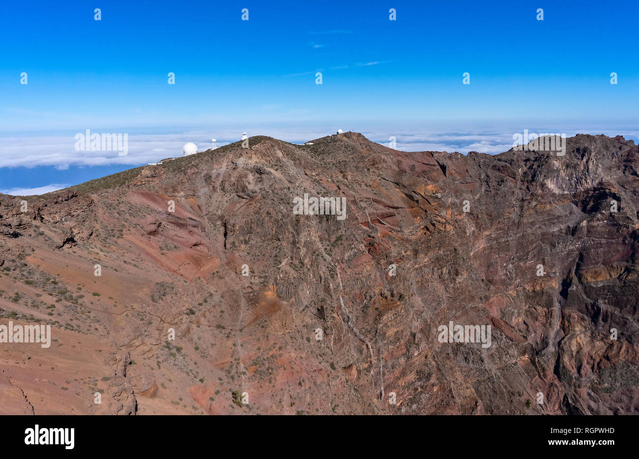 View from Roque de los Muchachos on La Palma to a part of the observatory and into the Caldera de Taburiente Stock Photo