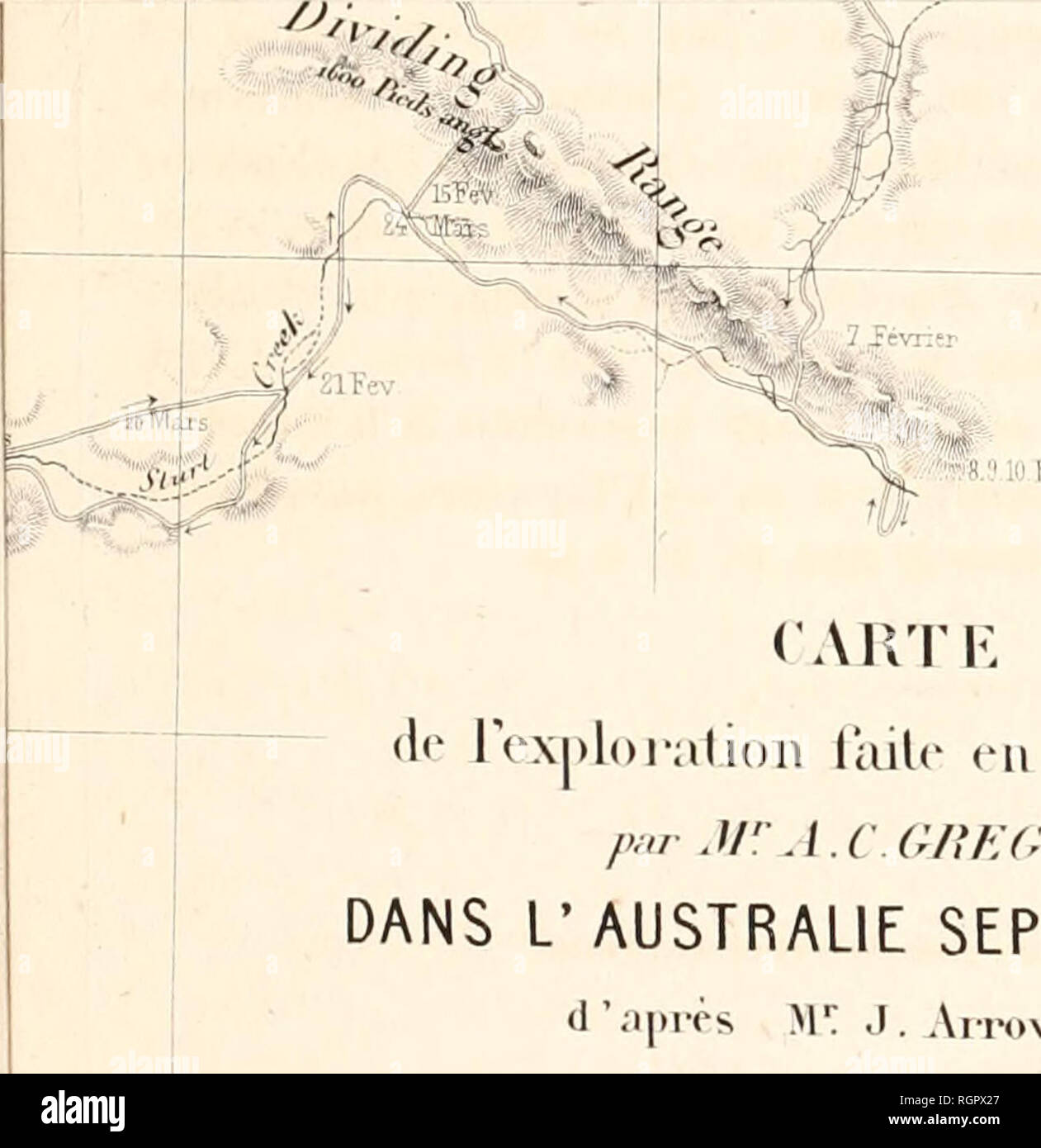 . Bulletin de la SociÃ©tÃ© de GÃ©ographie. ! to 1856. able CARTE de [exploration faite en 1855 et L856 par J!? A. CORE GORY DANS L'AUSTRALIE SEPTENTRIONALE d'apres W. J. Arrowsmith PAR V A MALTE-BRUN 1857 ' Edibles '/,Â«. âââ/,â., ,/.-mjâ,, /&gt;..ââ.. lie .ft' ** &gt;c /,â/â /:,â./.:,â /,/ . â /; J. Please note that these images are extracted from scanned page images that may have been digitally enhanced for readability - coloration and appearance of these illustrations may not perfectly resemble the original work.. SociÃ©tÃ© de GÃ©ographie de Paris. Paris Stock Photo