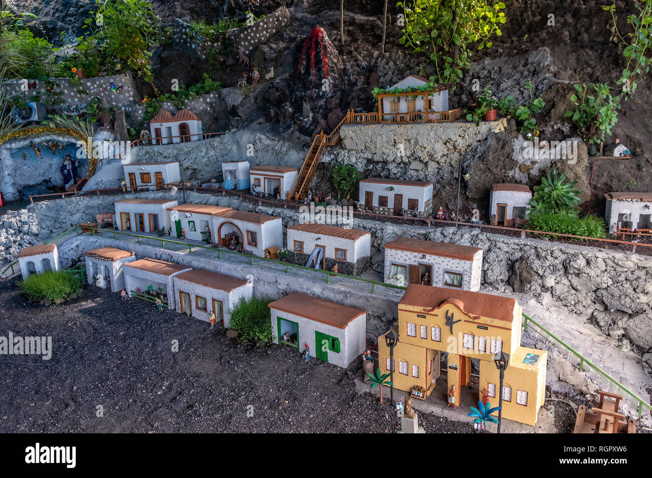 Nativity scene with replicas of local buildings in Las Indias on La Palma with their proud builder. Editorial use only Stock Photo